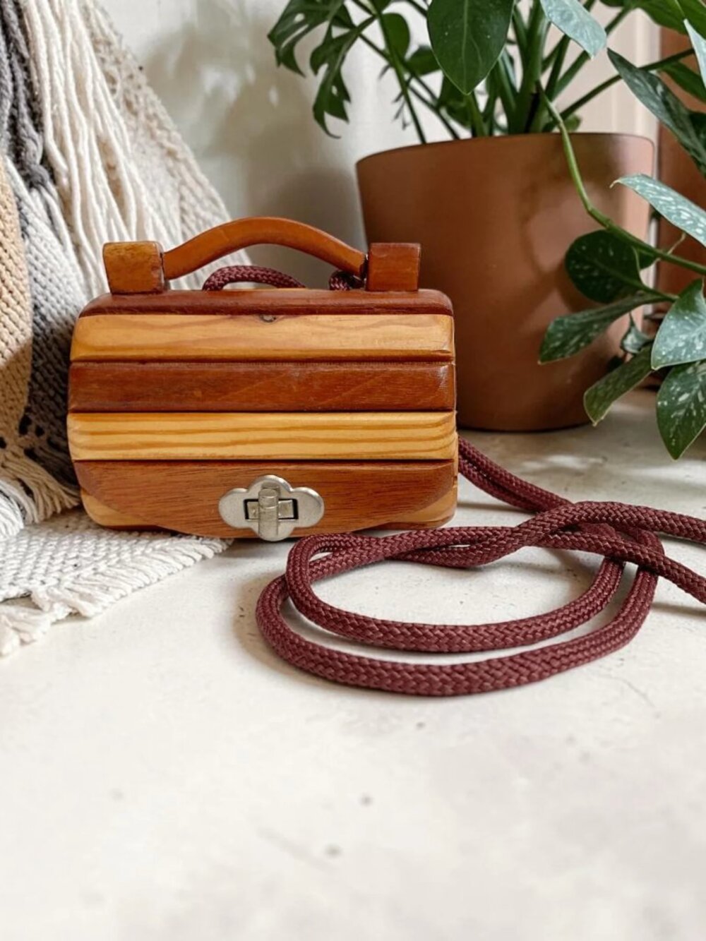 Vintage Wood Wooden Slat Handbag Purse with Metal Closure, Lined - MCM